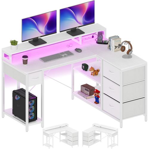 Yemaesre-Bureau D'angle Réversible En Forme De L Avec Port De Charge Usb Et Pr , Avec 4 Tiroirs Et Étagère, Bureau De Jeu Avec Support D'écran, 140 X 100 Cm, Blanc