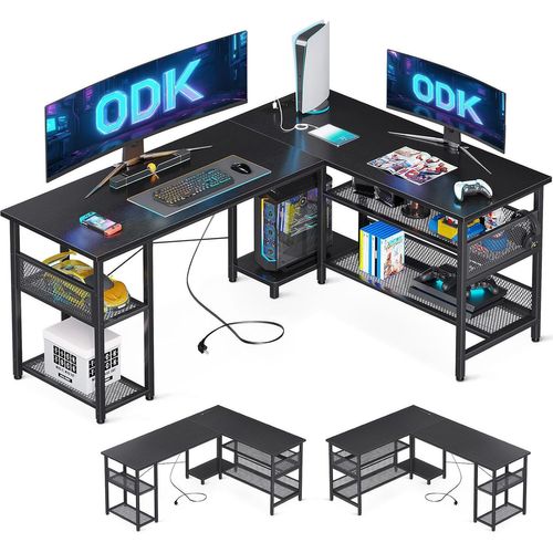 Yemaesre-Bureau D'angle Réversible, 150×102 Cm Bureau Gaming Avec 2 Pr S, 2 Ports Usb Et Grand Espace De Rangement, Noir