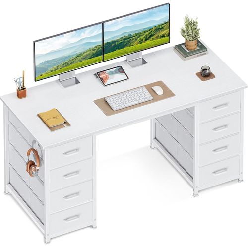 Bureau avec 8 Tiroirs en Tissu, 120x48cm Bureau Blanc avec Rangement Table d'ordinateur avec Casque, Table Informatique pour Salon Domicile