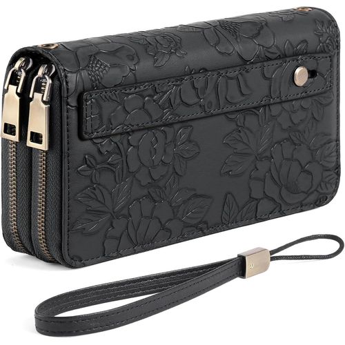 CAUC-Portefeuille Femme Grand, Porte Feuille Feminin Cuir Végétalien Double Fermeture à Glissière, RFID Porte chequier, avec Multiples Poches Portefeuilles et Porte-Cartes Idee Cadeau Femmes