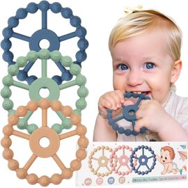 Kalanka-3 Paquet Anneau Dentition Bebe, Silicone Jouet Dentition Bébé 3-12mois, Anneaux De Dentition Refrigerant 0-3 4 6 Mois, Bebe Naissance Accessoire Cadeau Pour Garçon Fille-Bleu Vert Café