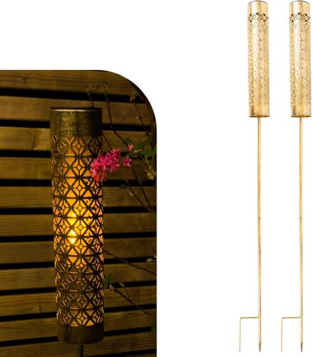 Lot De 2 Lampes Solaires De Jardin Avec Effet Flamme Mobile ¿ Torches Led Solaires Extérieures En Métal ¿ Décoration Extérieure Pour Jardin, Terrasse Et Balcon ¿ Lampes Solaires Pour L'extérieur