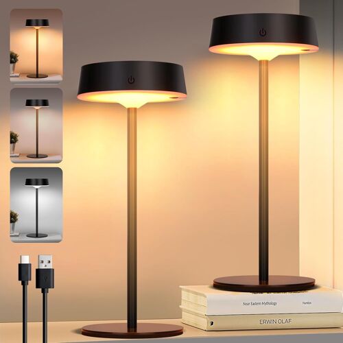 Lampe De Table Led Sans Fil & Solaire D'extérieur Avec Interrupteur Tactile, Rechargeable Par Usb, 3 Températures De Couleur, Intensité Variable En Continu Pour Intérieur & Extérieur (Noir*Lot De 2)