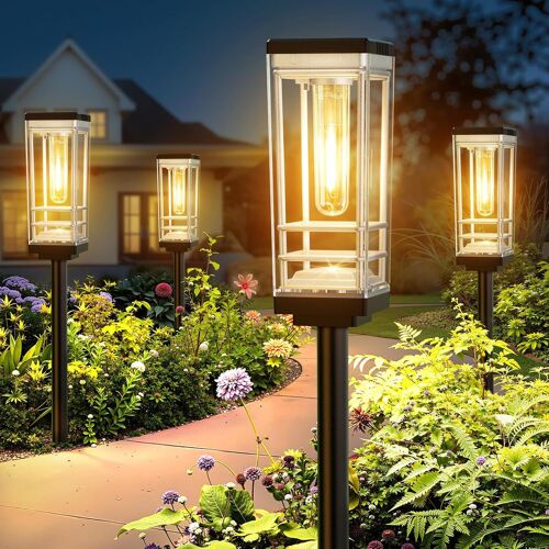 Lampe Solaire Exterieur Jardin 4 Pièces, 2x Grand, Brillant Lumiere Solaire Exterieur Avec Led Blanc Chaud, 12 Heures D'autonomie Lampes Solaires Pour Pelouse, Terrasse, Cour, Cadeaux (4 Pack)