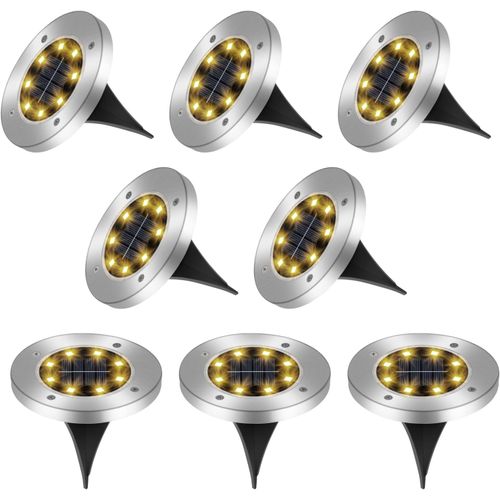 Lot De 8 Lumière Solaire Au Sol, 8 Leds Jardin Exterieur Solaire Étanche Ip65, Spot Solaire Extérieur Encastrables Éclairage, Pour Chemins Pelouse Terrasse Allée Cour Piscine Escaliers (Blanc Chaud)