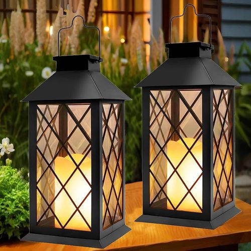 Lanterne Solaire Exterieur 2 Pièces Grande Lampe Solaire Jardin Avec Bougie, Verre Trempé, Lampe De Table Étanche Suspension Lampe, Solaire Exterieur A Poser Pour Balcon Jardin Terrasse - Noir