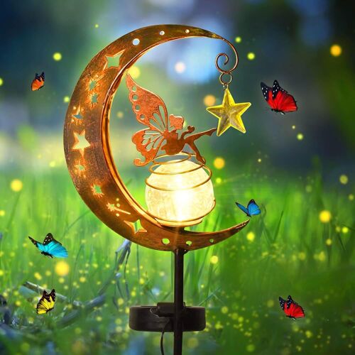 Lampe Solaire De Jardin En Forme De Lune - Lampe Solaire D'extérieur - Boule En Verre - Décoration De Jardin Pour Cour, Pelouse, Fée Des Fleurs - Lampe Solaire Avec Piquet De Terre -