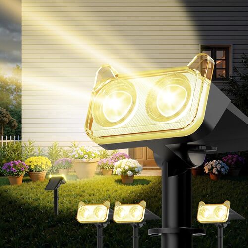 Spot Solaire Exterieur Puissant, Lot De 4 Lampe Solaire Exterieure Jardin Avec 2 Modes D'éclairage 3000k Lumière Chaude, Ip65 Étanche 800lm Projecteur Led Solaire Exterieur Pour Jardin Chemin