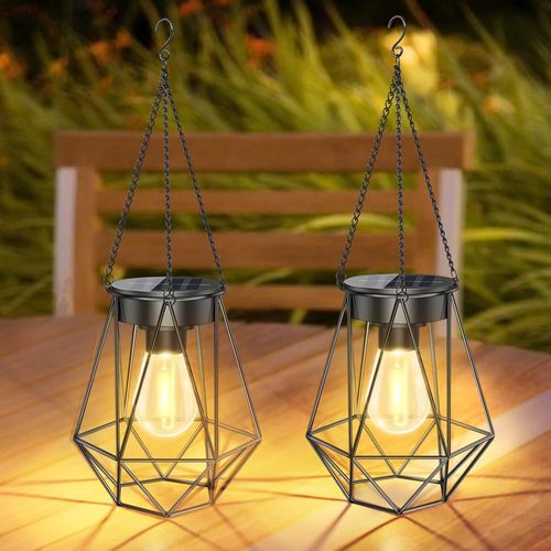 Kaltd-2 Pièces Lampe Solaire Exterieur Jardin Suspendue,Métal Lanterne Avec Ampoule Led,Avec Crochet Et Chaîne,Ip65 Étanche Lanterne Solaire À Led Pour Terrasse Balcon Cour Decoration