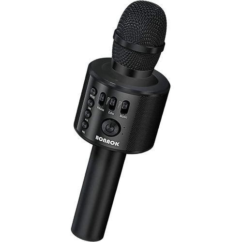 ASFASFq-BONAOK Microphone Bluetooth Karaoké Adulte Portable 3 en 1 Karaoké Mic Main Maison Cadeau d'anniversaire Karaoké Microphone pour iPhone, pour Android, pour PC, pour Smartphone (Noir)