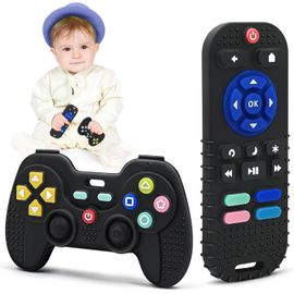 Kalanka-Anneau De Dentition Jouet Bebe 0 À 6 Mois, Jouets De Dentition Pour Bebe 3 6 9 12 Mois Cadeau Naissance Garçons Filles, Télécommande Silicone Anneau Dentition Jouet Bébé Refrigerant (Noir+Ble