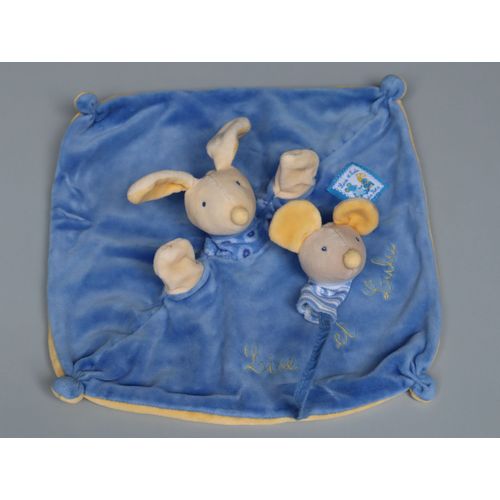 Doudou Lapin Plat Bleu Jaune Lise Et Lulu Moulin Roty