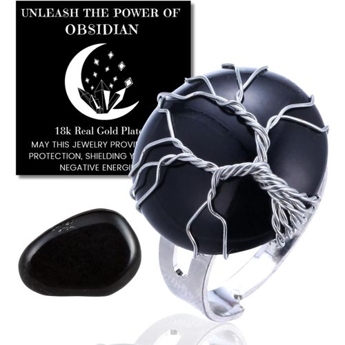 Yemaesre-Bague En Pierre Naturelle Et Cristal - Amour Lunaire - Fil Arbre De Vie Fait Main Plaqué Platine, Forme De Pleine Lune En Cristal Naturel, Taille Réglable, Cadeau Pour Elle