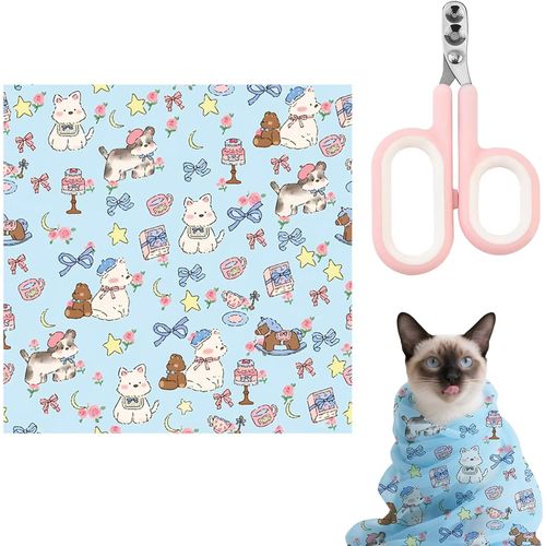 Yemaesre-2 Pièces Couverture Toilettage Chat,Couverture Auto-Adhésive,Couverture Pour Burrito,Apaisante,Anti-Morsure,Nettoyage Des Oreilles,Outil Multifonctionnel(50x50cm,Avec Coupe-Ongles)