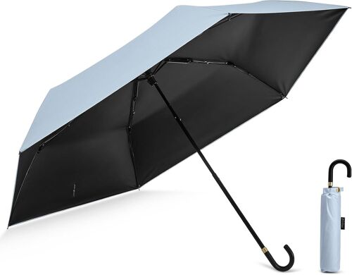 Mini parapluie de voyage compact avec protection UV UPF 50+ ultra léger avec crochet en J et poignée incurvée pour le soleil et la pluie