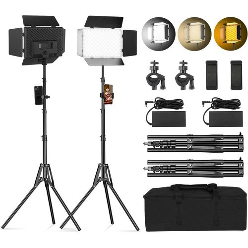 2-Pack Led Panneau Lumière Vidéo Barn Door 2800-6500K Lumière Réglable 20W Eclairage Photographique Studio Avec Pied De 1.6M Et Support Pour Téléphone Portable Pour Youtube Live Streaming