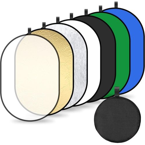 KGABERY-7 En 1 Réflecteur De Lumière Ovale Pliable Reflecteur Lumiere Photo Pour Photographie De Mariage Portrait Selfie Pour Studio Et Éclairage Extérieur 60*90Cm (Translucide/Argent/Or/Blanc/Noir/Vert/Bleu)
