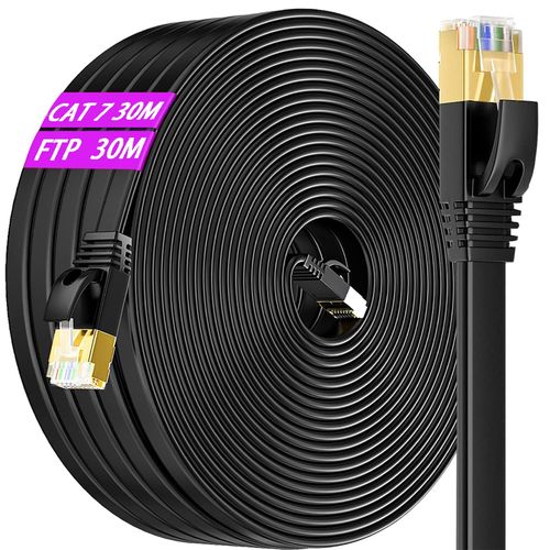 EUOP-Cable Ethernet 30M, Cat 7 Blindé Cable Rj45 30 Mètres Haut Débit Fibre Cable Réseau Plat 10Gbps 600Mhz Câble Internet Très Long Gigabit Cable Lan Noir Câble Patch Pour Routeur Modem