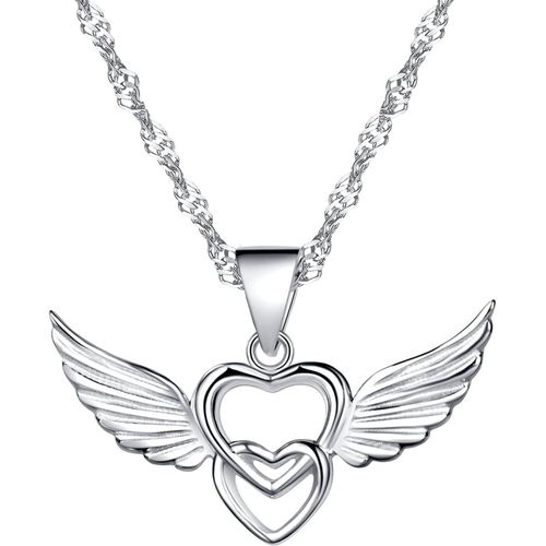 Infinite U Classique 925 En Argent Double Coeurs Ailes D'anges Collier Pendentif Pour Femme/Fille Mariage Anniversaire Cadeau