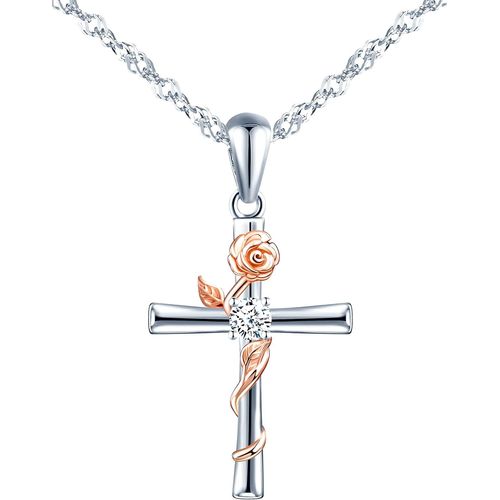 Jum-Collier Et Boucles D'oreilles Pour Femmes Et Filles,Bijoux Parures En Argent 925,Fleur En Or Rose Entrelacée De La Croix En Argent,Procédé Unique De Galvanoplastie Couleur,Orné Zircon