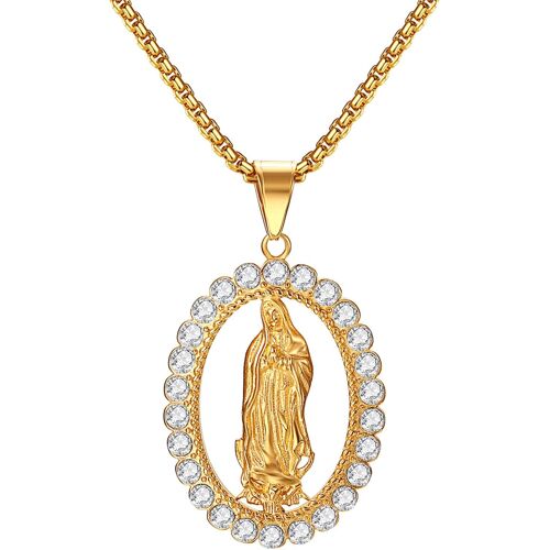 Kal-Chaîne Vierge Marie Or : Collier Sainte Marie Mère De Dieu Pendentif Avec Strass Zircon Virgen De Guadalupe Médaille Ovale Plaque Collier Acier Inoxydable Bijoux Cadeau Pour Femme Homme, Acier