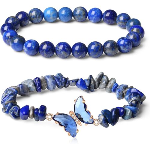 Kalanka-Bracelet Lapis-Lazuli, 2 Pièces Avec Décoration Papillon, Bracelet Simple Personnalisé, Perles 8mm Et Élastique Ajustable, Bijoux Élégants Pour Femme, Cadeau D'anniversaire, Saint-Valentin Ou