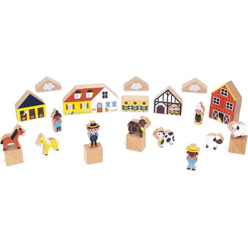 ChenQuanSarl-Set De 34 Cubes En Bois Massif - Thème Campagne - Idéal Complément Tapis De Voiture - Jouet De Construction - Développe L'Imagination - Jouet En Bois Fsctm - Dès 2 Ans - J05937