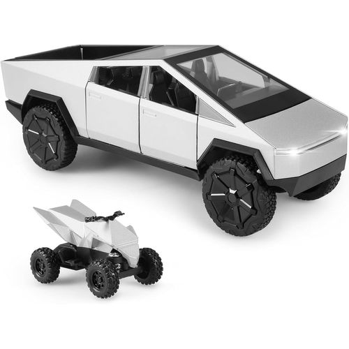 KAJGL-Tesla Cybertruck Modèle De Voiture 1:24 Camion Jouet En Métal Moulé Sous Pression Avec Lumière Et Son,Mini Véhicule Jouet Pour Garçons À Partir De 3 Ans(Argenté,Équipé D'Une Moto De Plage)