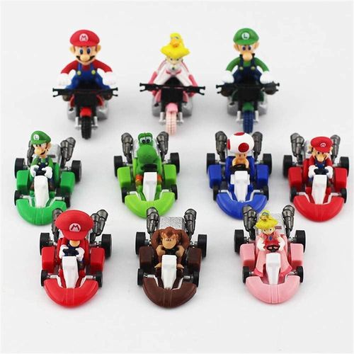KAJGL-Super Mari Bros Kart Lot De 10 Kart À Tirer Pour Voitures,Moto,Luigi,Yoshi Toad,Princesse,Pêche,Âne,Kong 6,3 Cm Pour Enfants+Cadeau (10 Pièces)