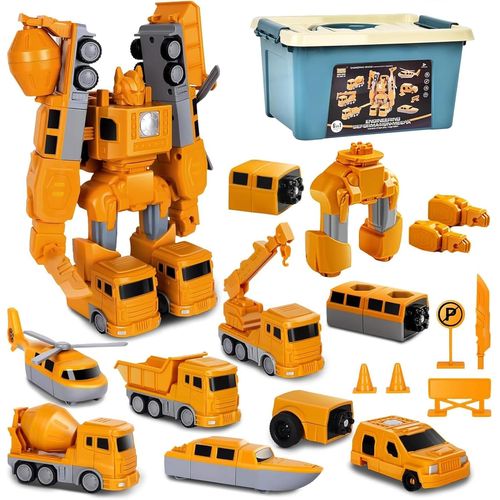 Ensemble De Jouets De Véhicules De Chantier Robot Transformable Magnétique Avec Boîte De Rangement-Puzzle Créatif Éducatif Diy -Jouets Pour Garçons Et Filles De 3 À 9 Ans