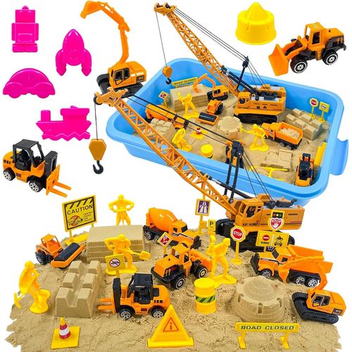 KAJGL-Sable Magique,Chantier De Construction Magique Enfant 3 Ans,1Kg De Sable Magique,7 Petites Voitures Enfant,8 Moules De Château,Chantier De Construction Magique Jouet Pour Enfant 3 4 5+Ans