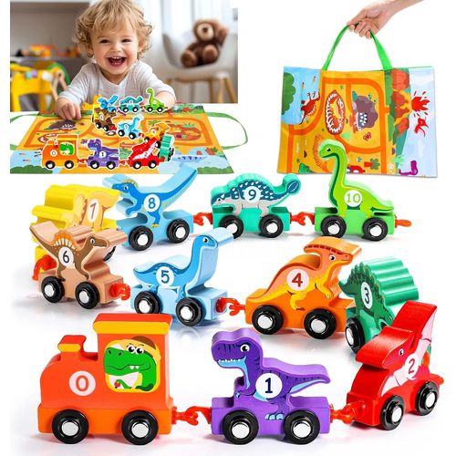 KALANKA-Train des Dinosaure en Bois avec Tapis de Jeu/Nange 2 en 1 - Voiture Enfant Jouet Bebe 1 an Dinosaure Jouet Enfant 1 2 3 Ans Garçon - Cadeau Enfant 1-4 Ans pour Apprendre en S'amusant