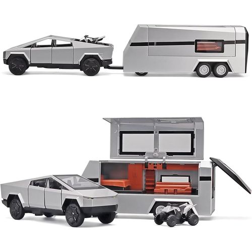 KAJGL-Tesla Cybertruck Model Car,Cyber ¿¿¿Toy Avec Camping Car,Moto De Plage,1:32 Pour Camionnette En Alliage Moulé Sous Pression Avec Lumière Et Son,Pour Enfants À Partir De 3 Ans (Argent)