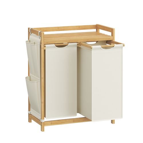 Panier à linge, avec 2 compartiments, en bambou, Capacité de 100 Litres, avec Étagère, Poches Latérales, 2 x 50 L, 63 x 33 x 78 cm, Blanc Crème