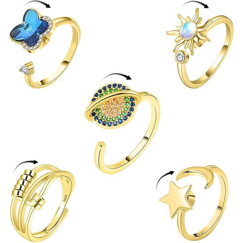 TIANYI-5pcs Bague Anti Stress Femme Or, Fidget Bague Anxiété Rotative, Bague Reglable Ouverts, Spinner Anneaux Anti Stress Ensemble pour Relaxation Femme Homme Papillon Bague Lune Soleil Cristal