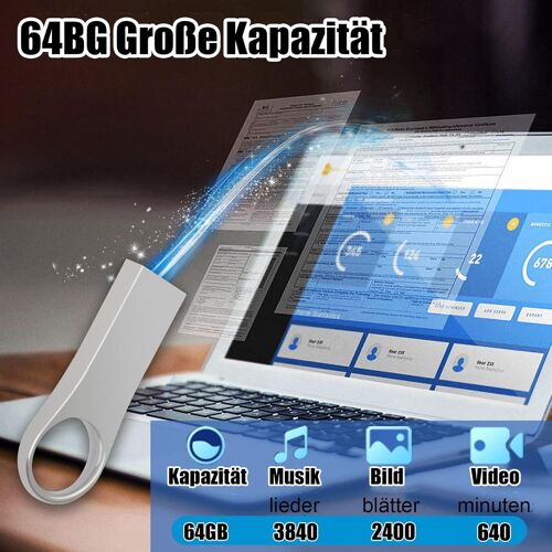 Clé USB-Micro Cle USB 64 GO Métal Pen Drive Mini Clef USB 64 GO Imperméable Clés USB Lots Mémoire Stick USB 2.0 Disque Flash Drive pour PC, TV, Ordinateur, Tablette, Voiture, Lecteur, Portable