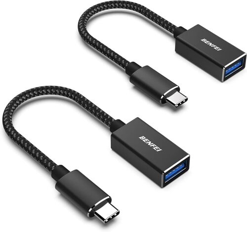 Adaptateur USB C vers USB 3.0, 5Gbps OTG Type-C Mâle vers USB A Femelle [Nylon Tressé Aluminium],Compatible avec iPhone 16/15 MacBook Pro Air iPad Pro Galaxy S23 S22, Lot de 2-Noir