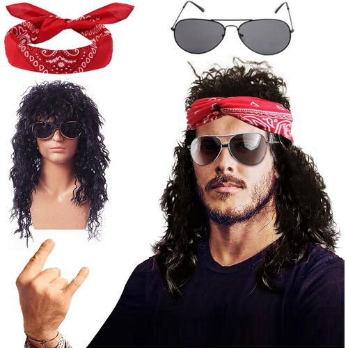 Bnhgo-Deguisement Annee 80 Homme Accessoire, Perruque Homme Chic Annees 70 80, Deguisement Hippie Homme Carnaval, Déguisement Homme Adulte, Deguisement Hippie Ado Avec Lunettes Et Fichu Punk Tenue