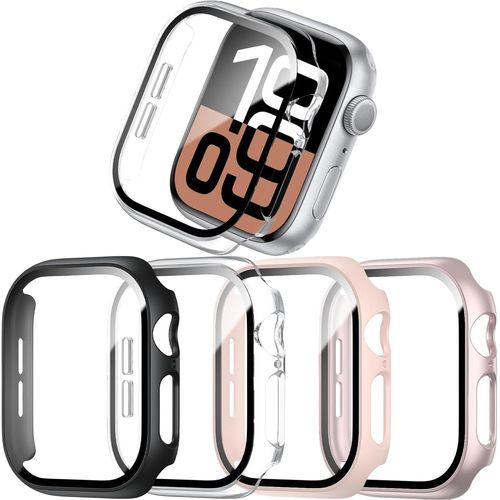 Lot de 4 coques de protection pour Apple Watch Series 10 42 mm 2024, en polycarbonate rigide ultra fin, anti-rayures, film de protection d'écran en verre trempé pour iWatch 10 42 mm