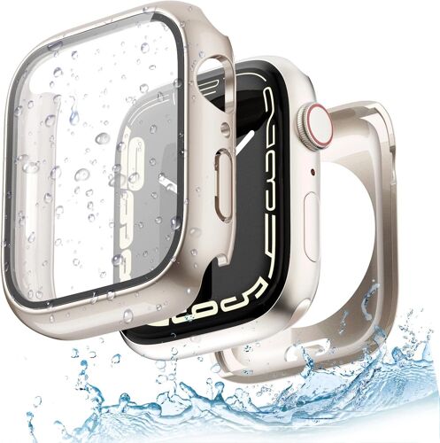 Coque Étanche Pour Apple Watch 41mm 45mm Series 8/7 Avec Protecteur D'écran En Verre Trempé, Case Pc 2 En 1 + Pare-Chocs Arrière, Coque De Protection Complète Pour (41mm Lumière Stellaire)