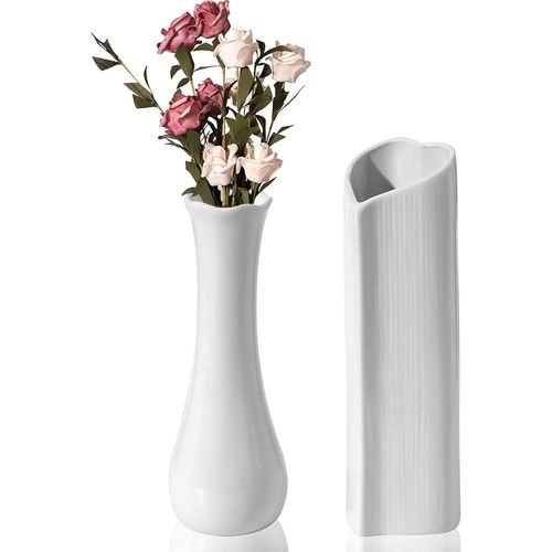 TIANYI-Lot de 2 Vases Céramique Décoratifs - 21 cm pour Herbe de la Pampa, Fleurs Séchées - Blanc, Moderne - Décoration de Table, Centre de Table de Mariage