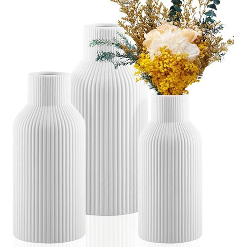 TIANYI-Vase Décoratif Lot de 3 Vases pour Fleurs (Grand + Moyen + Petit) Vase Ceramique Blanc pour Décoration de Table et Fleurs Séchées, la Maison, Bureau