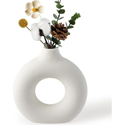 TIANYI-Vase Décoratif, Donut Vase Blanc avec Herbe de Pampa, Vase Fleur Rond Moderne pour Fleurs Séchées, Idéal pour Décoration Salon, Chambre, Bureau, (S, 14.5cm)