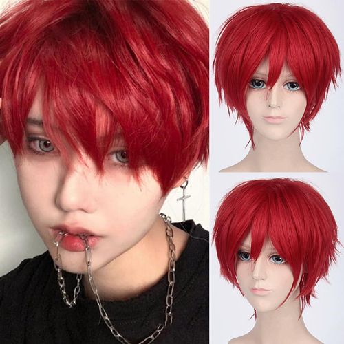 Bnhgc-Unisexe Perruque Courte Bob Anime Cosplay Perruques, Cheveux Lisses Naturels Moelleux Pour Costume De Fête Déguisement Pour Femmes Hommes Garçons Filles (Rouge)