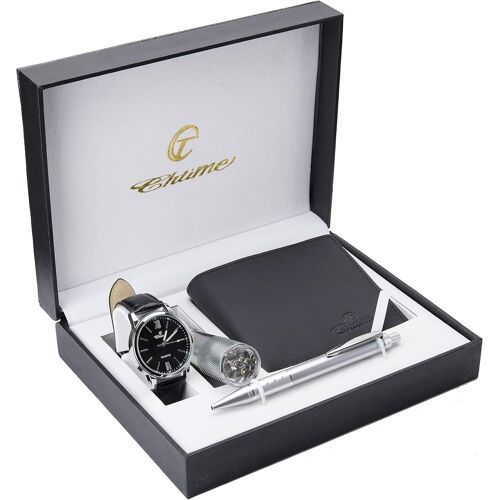 Coffret Cadeau Montre Homme Noir-Lampe Led-Portefeuille-Stylo.[J163]