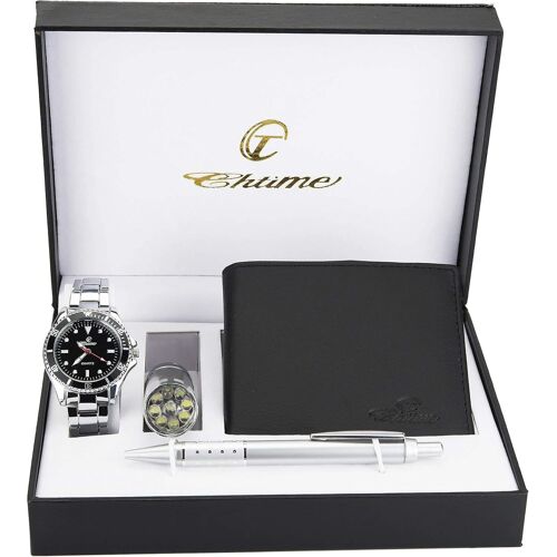 Coffret Cadeau Montre Homme Noir-Lampe Led-Portefeuille -Stylo.[J220]