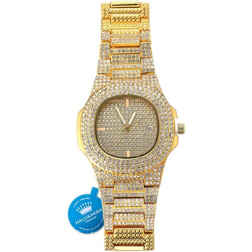 Montre En Or Avec Diamants Iced Out,Homme Quartz Plaqué Or Véritable 18 Carats/Plaquée Or Blanc Platine 24cm,Avec Chaîne Cubaine Bracelet 20cm + Collier 45cm,Coffret Cadeau Gratuit.[J578]