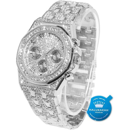 Diamant Montre En Or,Hommes Plaqué Or Réel 18k/Or Blanc Platine 40mm Large Chiffres Romains Cadran Quartz Bracelet 22cm Avec Lien Cubain Chaîne 20+45cm Collier Bracelet,Avec Boite Cadeau.[J384]