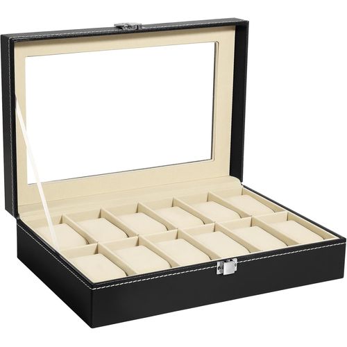 Kal-Boîte À Montres Avec 12 Compartiments, Écrin À Montres Pour Hommes, Vitrine De Montres, Boîte De Rangement Pour Montres Avec Coussin Amovible, Fermoir En Métal, Cuir Pu, Noir