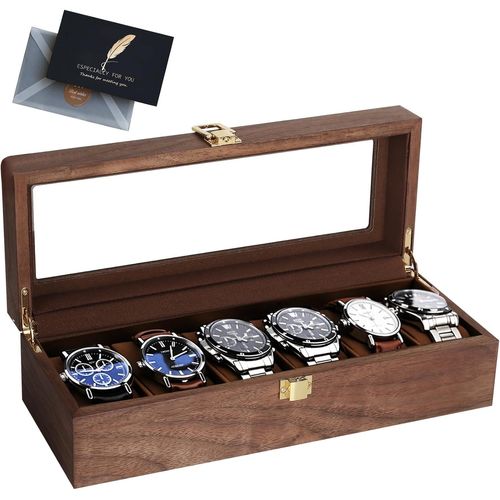 Kal-Boîte À Montre À 6 Emplacements,Coffret À Montres En Bois,Écrin À Montres Avec Lucarne En Verre,Doublure Douce,Coussinets Amovibles,Serrure En Métal,Rangement Montre Pour Hommes Et Femmes